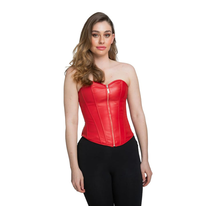 Woman wearing black trousers with a red corset with zipped front