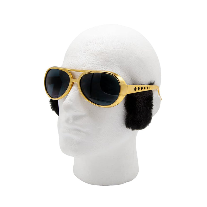 Gold-framed sunglasses with black lenses and sideburns on a mannequin head against a white background