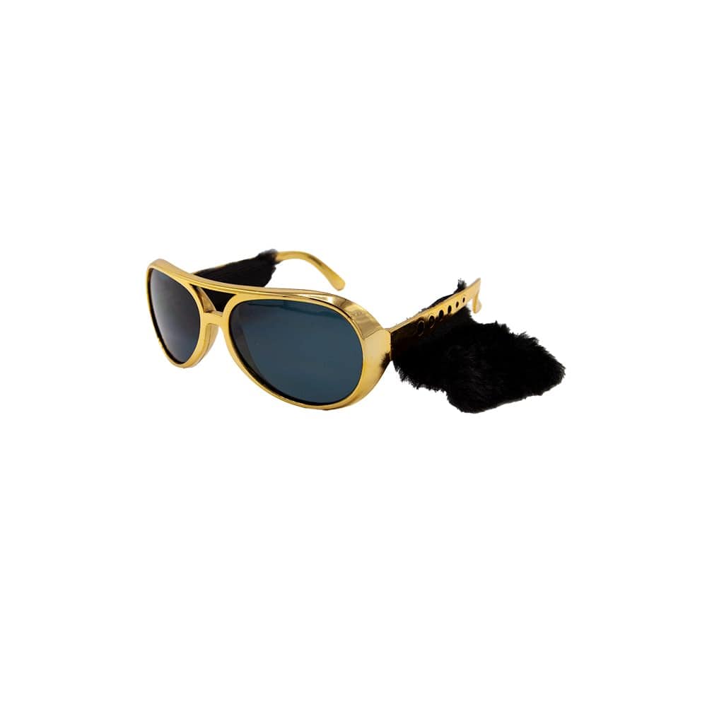 Gold-framed sunglasses with a black sideburns on a white background