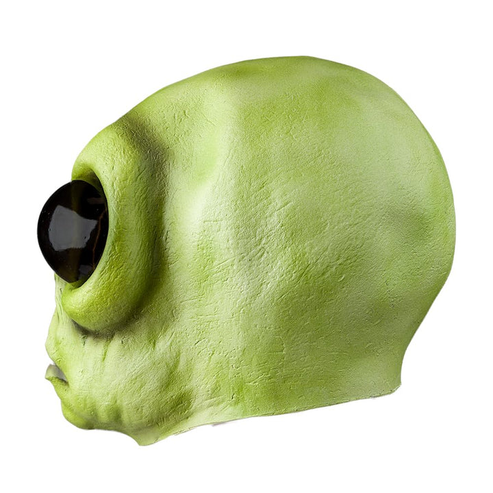 Back view of a full head green alien mask with big bug eyes