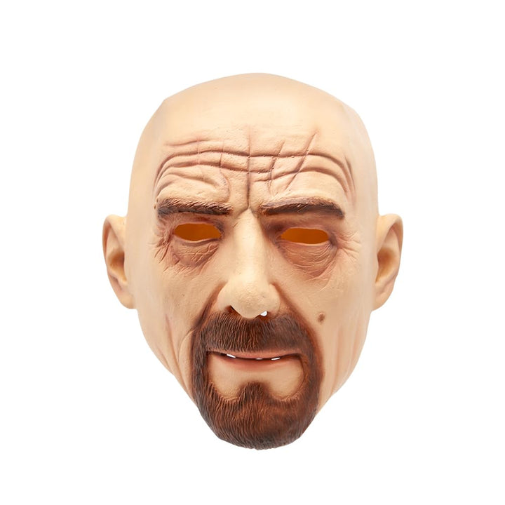 Mask resembling a character with a bald head, brown eyes, and beard on a white background