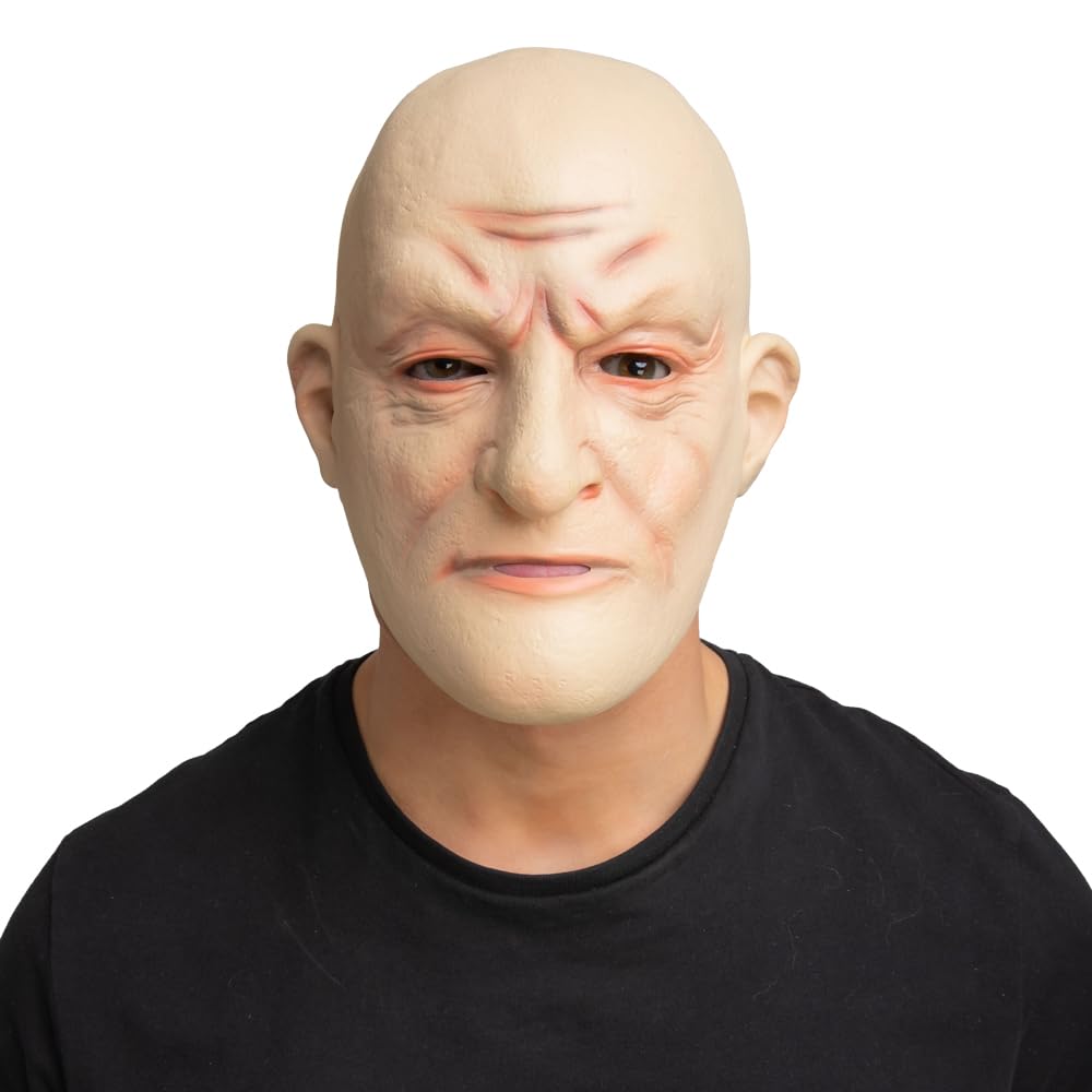 Person wearing a baldy tough guy latex mask and a black shirt