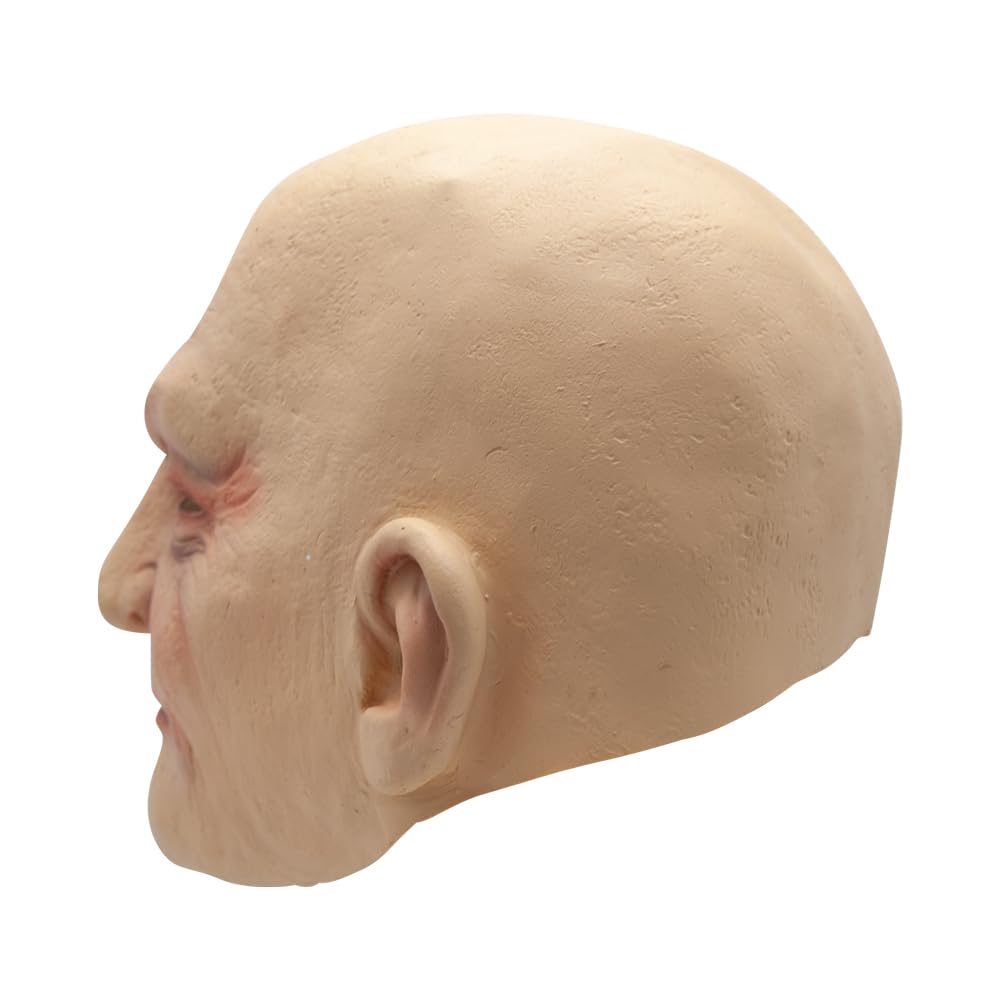 Side view of a bald man mask with protruding eyebrows and large nose