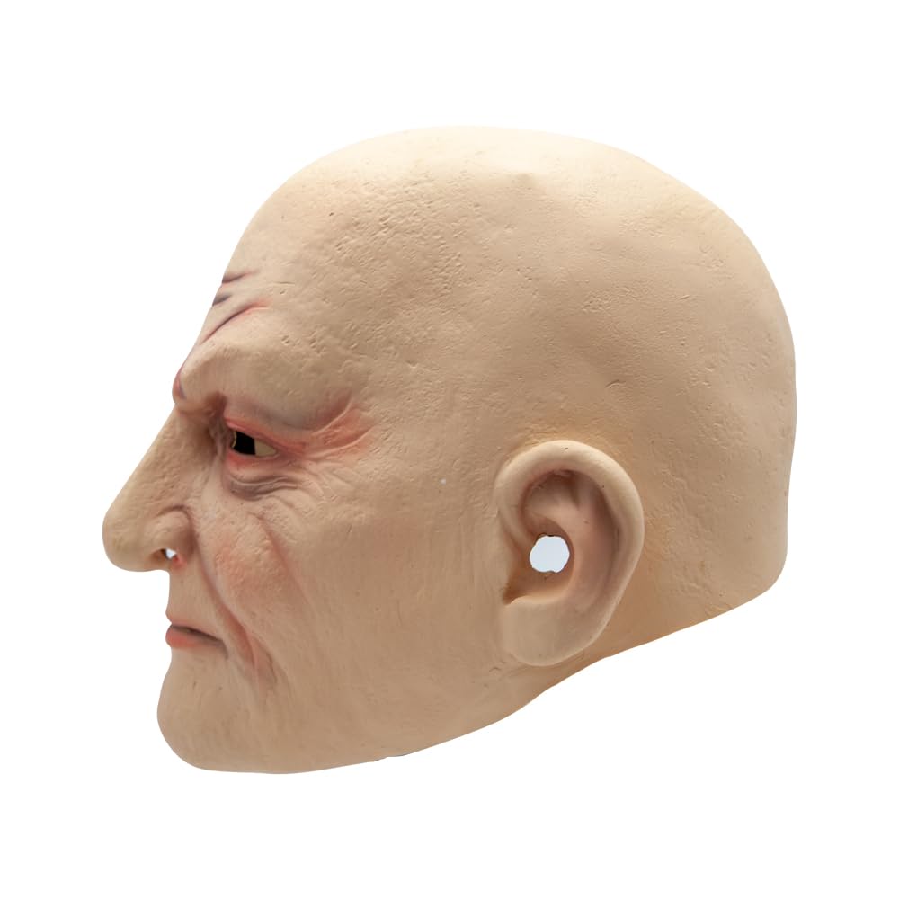 Side view of scary bald man mask with holes in the nose and ears