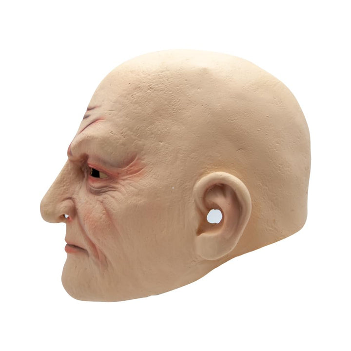 Side view of scary bald man mask with holes in the nose and ears
