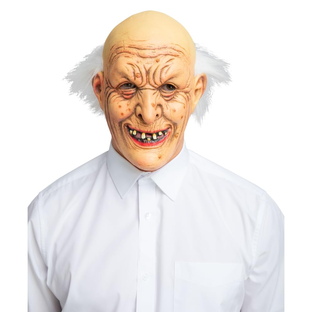 Person wearing a detailed old man mask with white hair and a white shirt on a white background