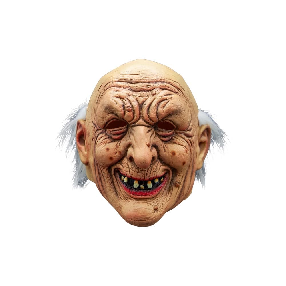 Older person's mask with a white wig on a white background