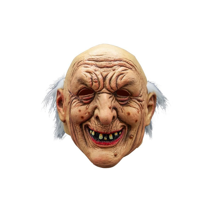 Older person's mask with a white wig on a white background