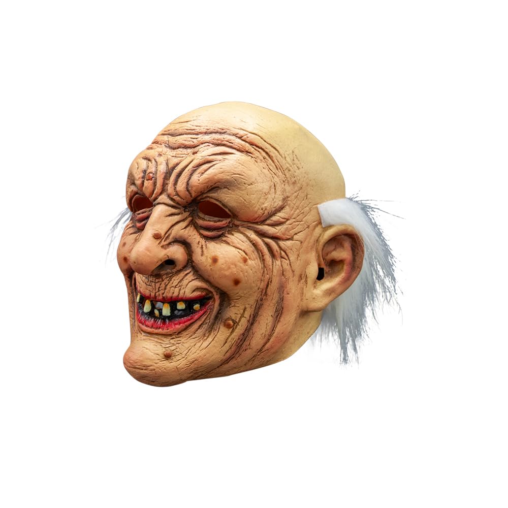 Detailed mask of an elderly person with a white wig on a white background