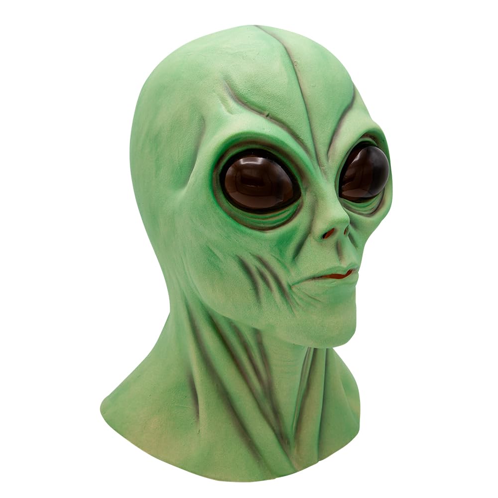 Full head and neck green alien mask on a white background
