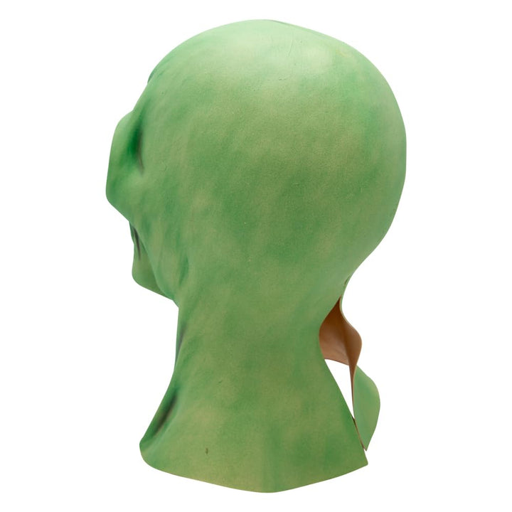 Back view of a green head and neck mask with opening for access