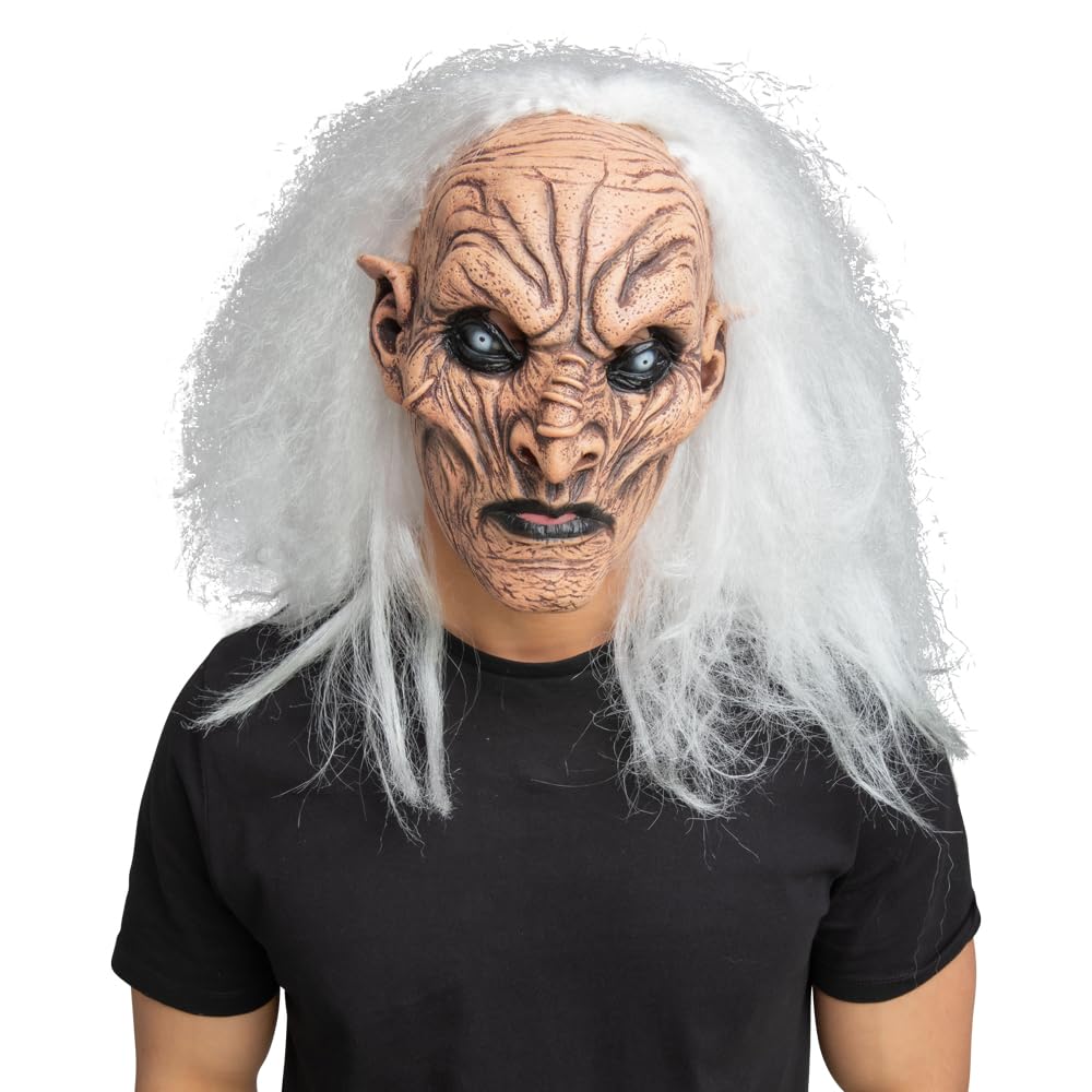 Person wearing a detailed demon mask with white hair against a white background