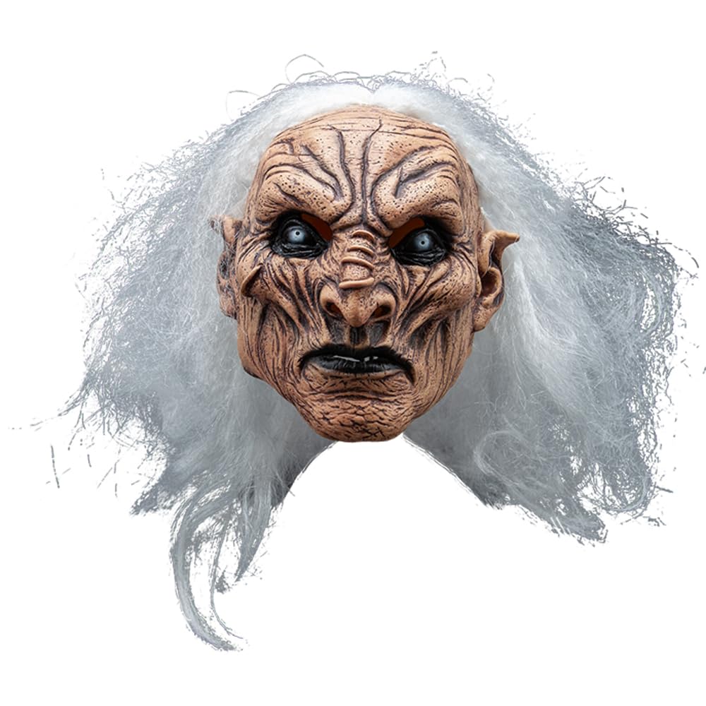 Creepy mask with detailed features and white hair on a white background