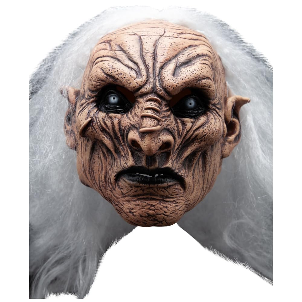 Detailed fantasy mask with textured skin and white hair on a white background