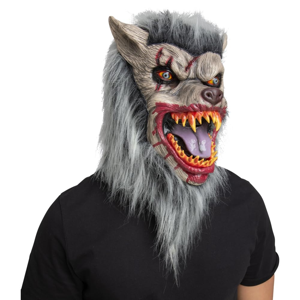 Person wearing a detailed werewolf mask with gray fur and red eyes on a white background