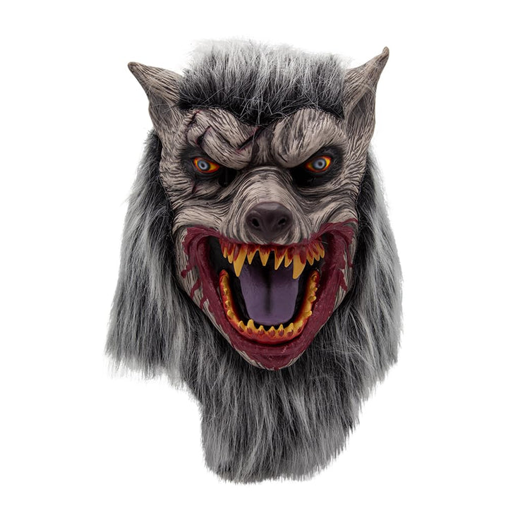 Grey werewolf mask with open mouth on a white background