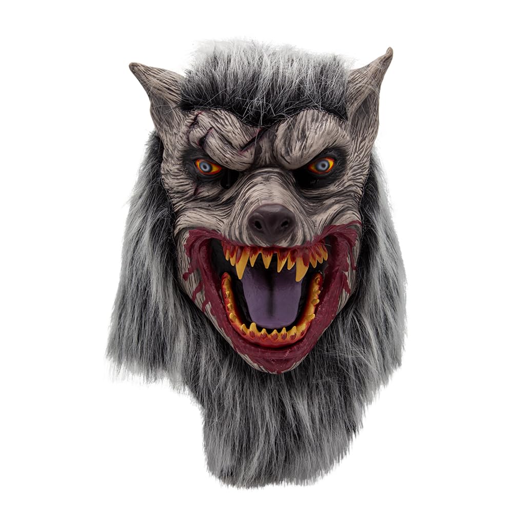 Grey werewolf mask with open mouth on a white background