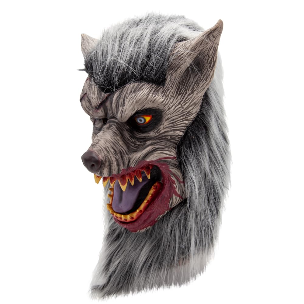 Grey haired werewolf full head mask with detailed features on a white background