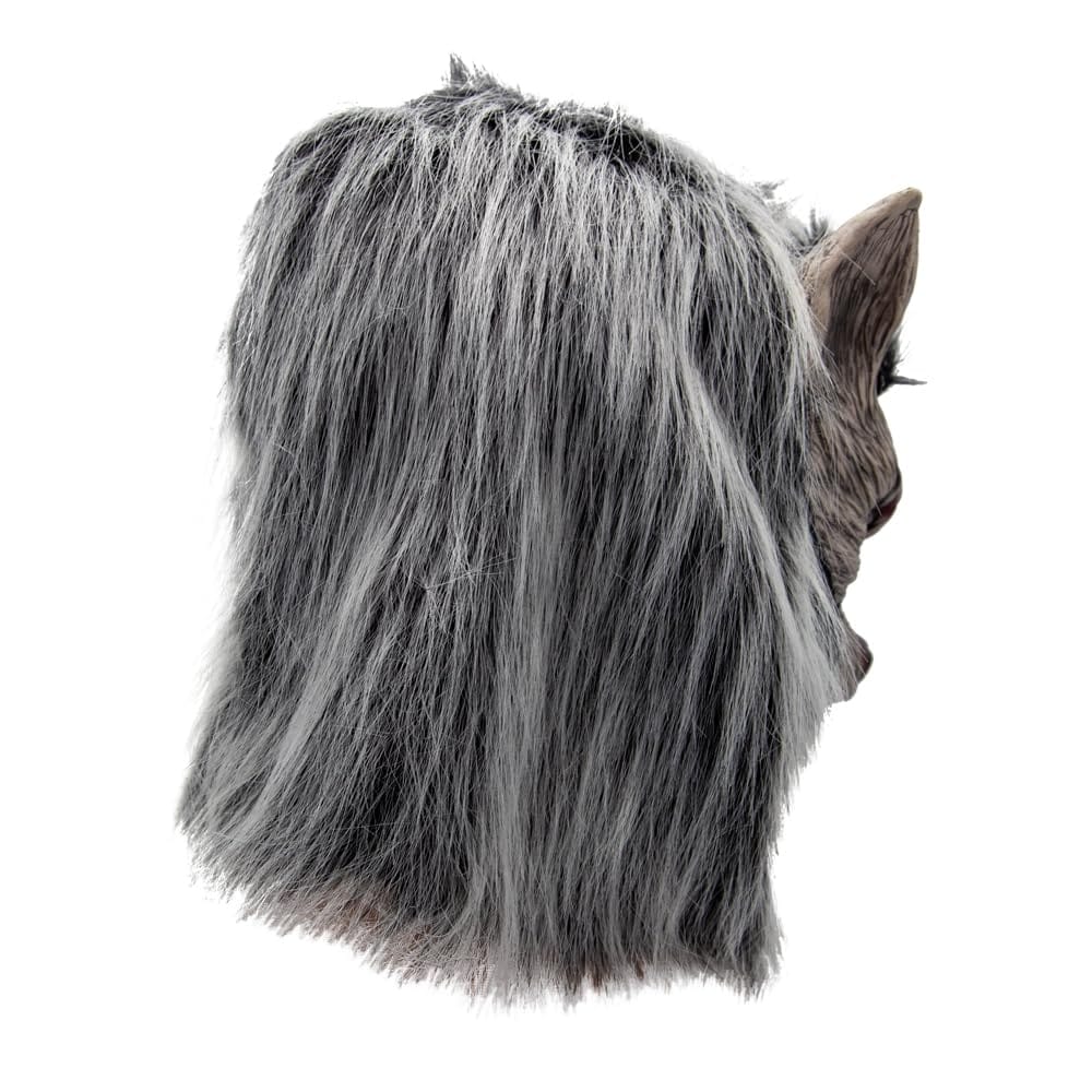 Grey fur at the back of a wolf mask for Halloween