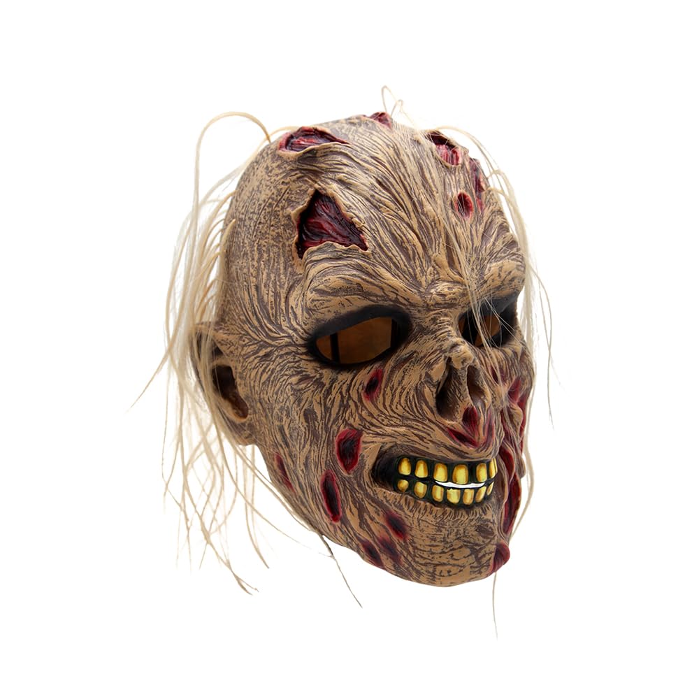 Horror zombie head mask with detailed features on a white background