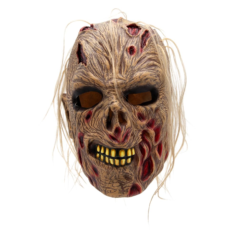 Scary zombie mask with detailed features on a white background