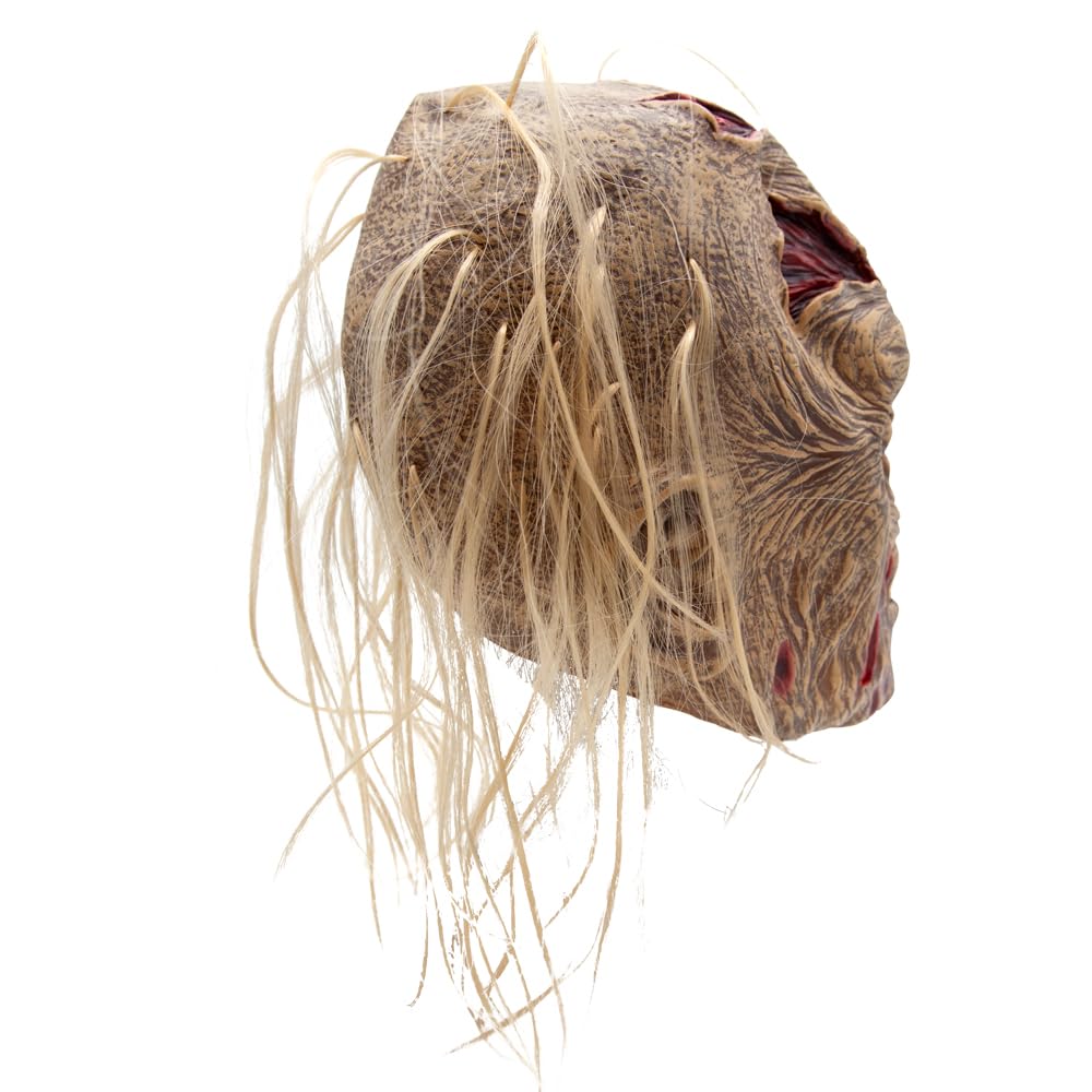 Back view of a full head zombie latex mask with long strands of hair on a white background