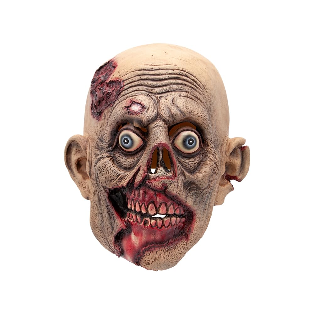 Horror-themed wounded zombie mask with detailed features on a white background