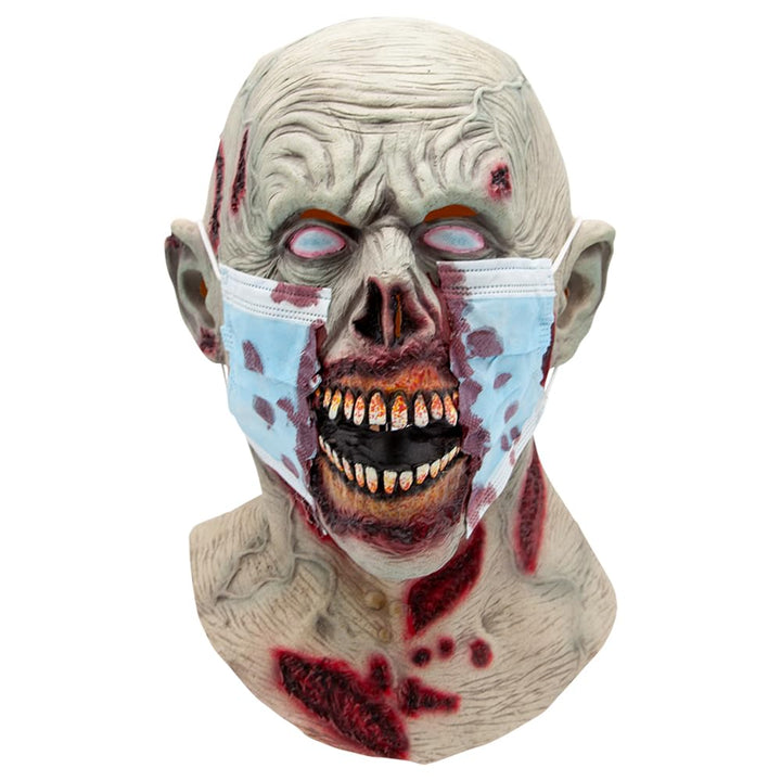 Zombie mask with a blue face mask over it on a white background