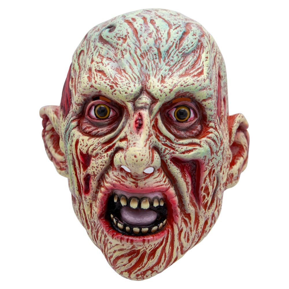 Scary burned man zombie mask with detailed features on a white background