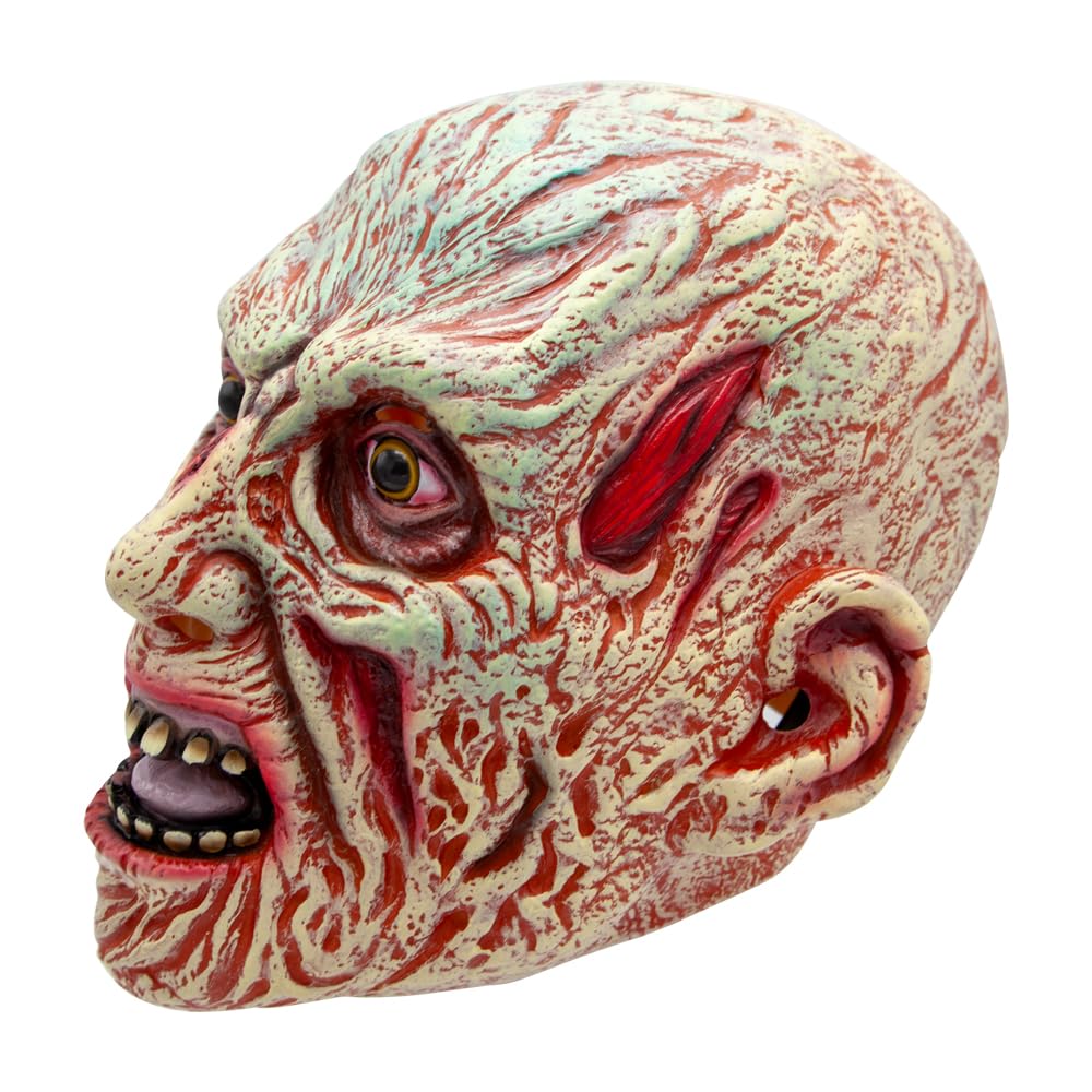 Horror-themed mask with red and white marbled design on a white background