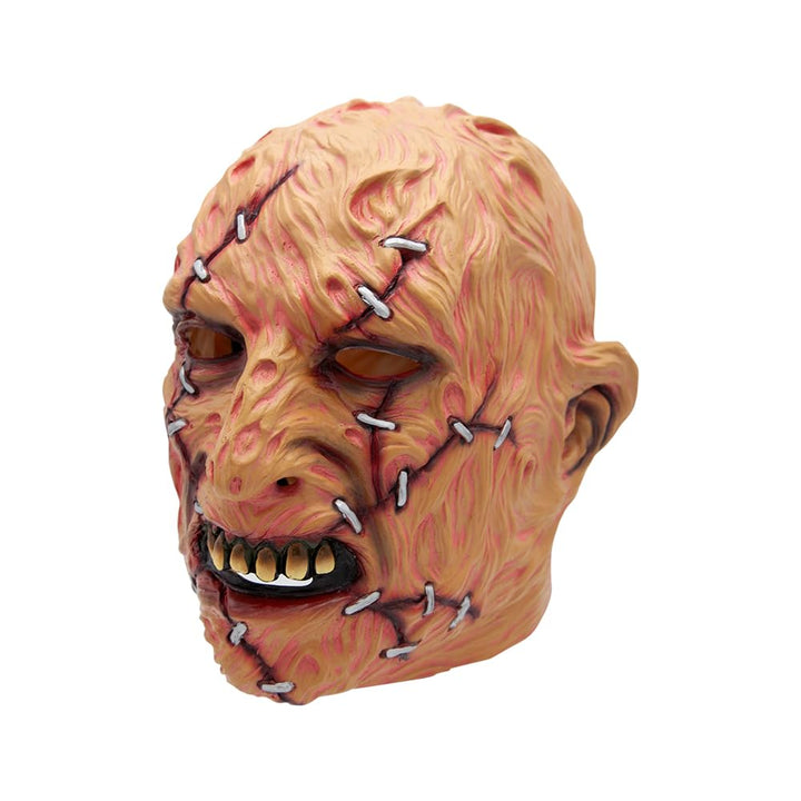 Scary Leatherface latex mask with stapled wounds on a white background