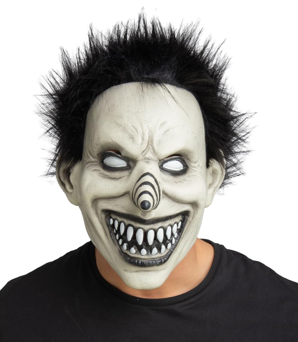 Laughing Jack Halloween latex mask with a creepy smile and black hair