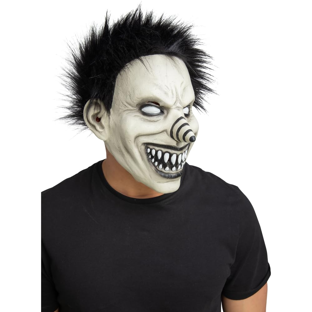 Person wearing a laughing clown full head mask for Halloween