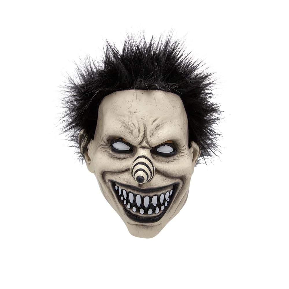 A scary clown mask with a pale, wrinkled face, a wide grin showing sharp teeth, a striped nose, and wild black hair, isolated on a white background.