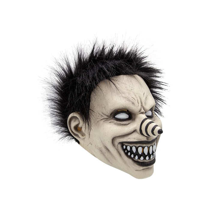 Halloween mask with black spiky hair and a eerie expression on a white background