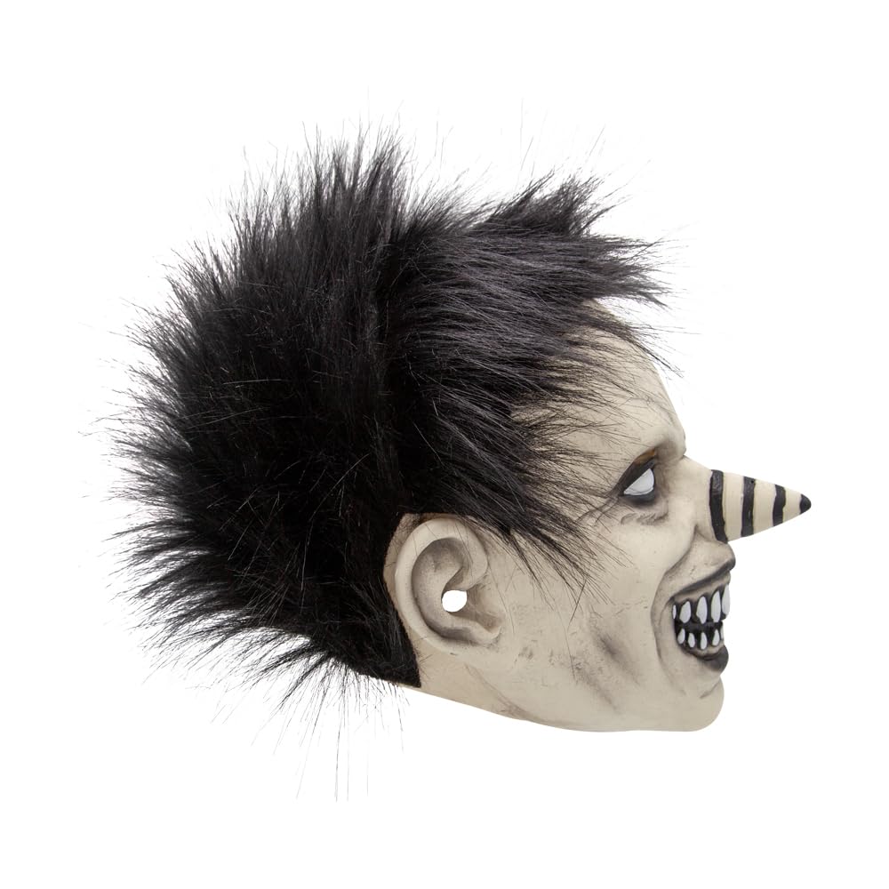 Halloween mask with black spiky hair and striped nose on a white background