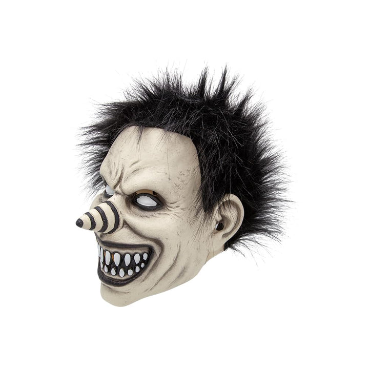 Halloween mask with black spiky hair and exaggerated features on a white background