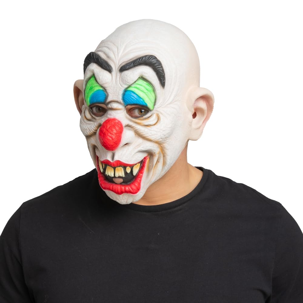 Person wearing a full head cover goofy clown mask with big red nose