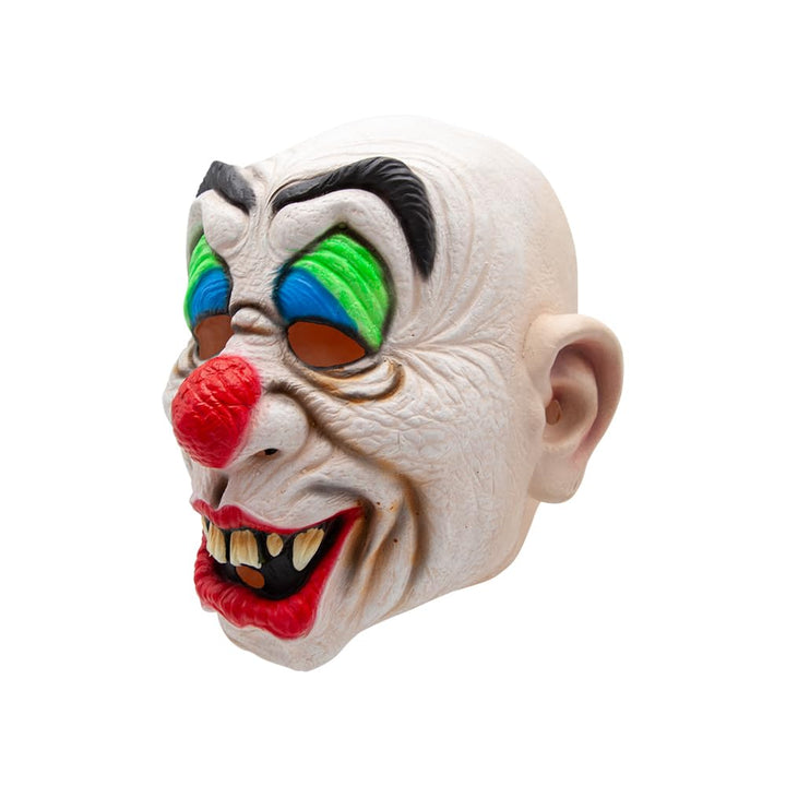Side view of a full head latex clown mask for Halloween