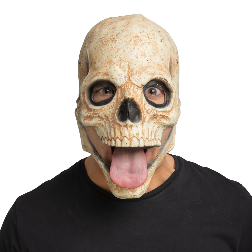 Person sticking out their tongue while wearing a skull mask with moving jaw