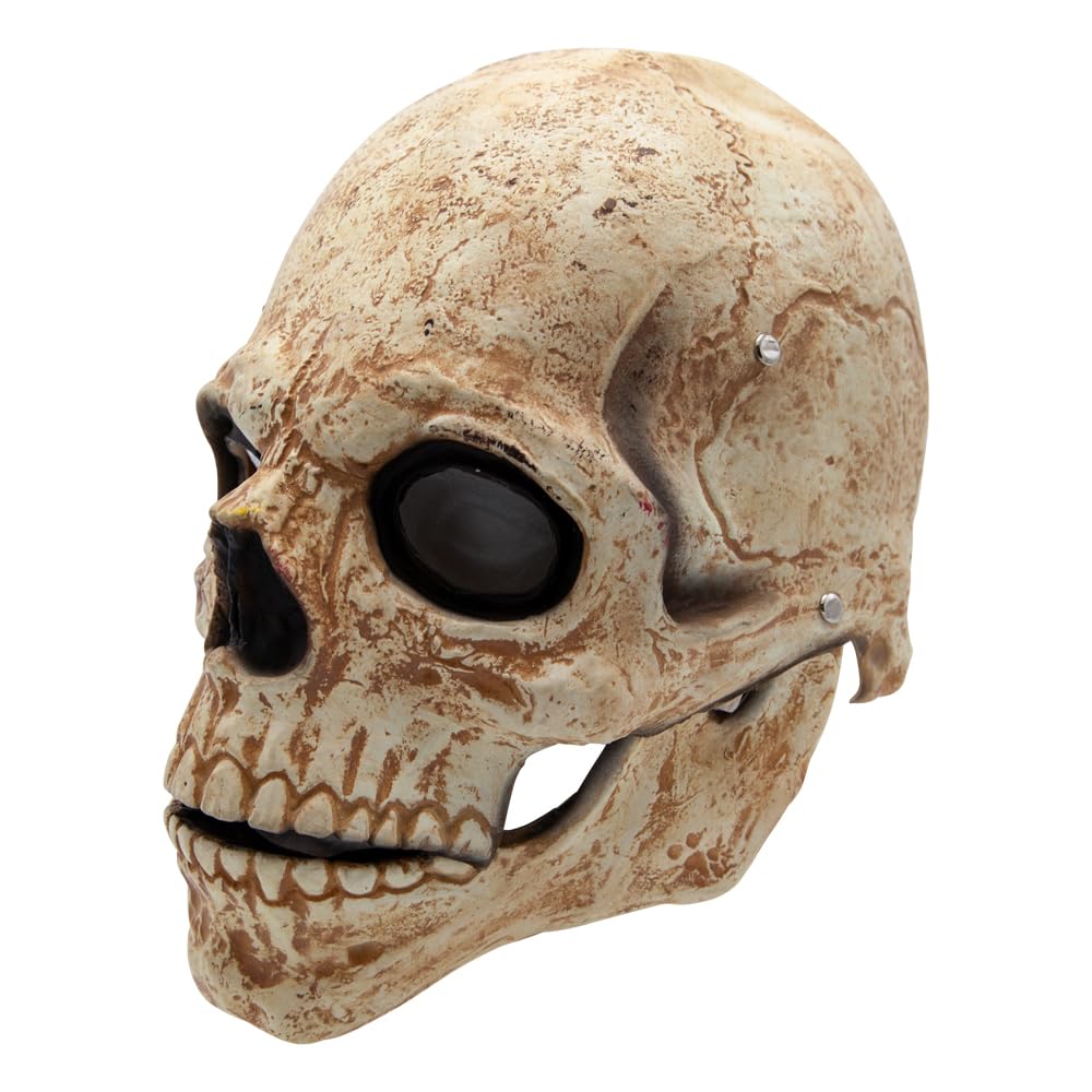 Left side view of a helmet style skull mask with moving mouth