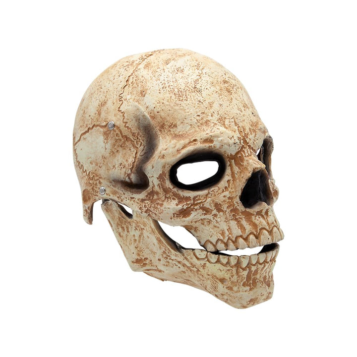 Right side view of a full head skull mask in latex with weathered details