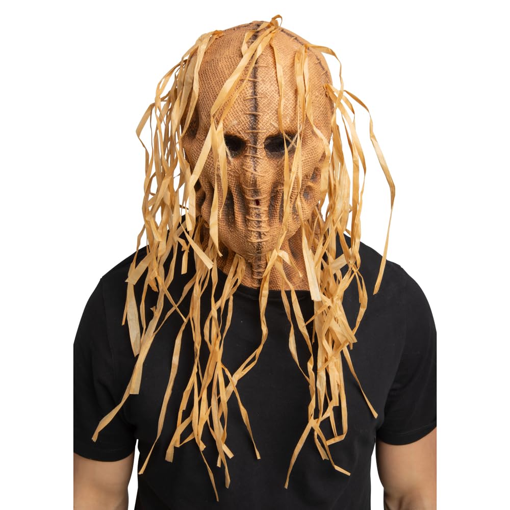 Person wearing a scarecrow mask with long strands on a white background