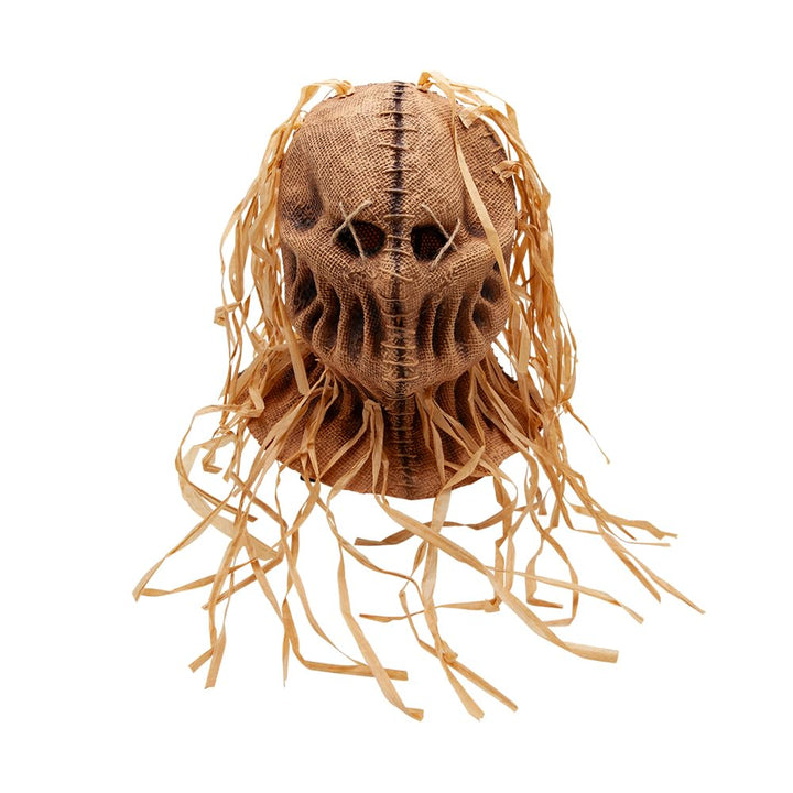 Scarecrow mask with a jute fabric effect and star hair strips on a white background