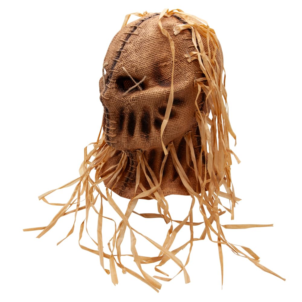 Scarecrow mask with straw effect strands and hessian fabric cover