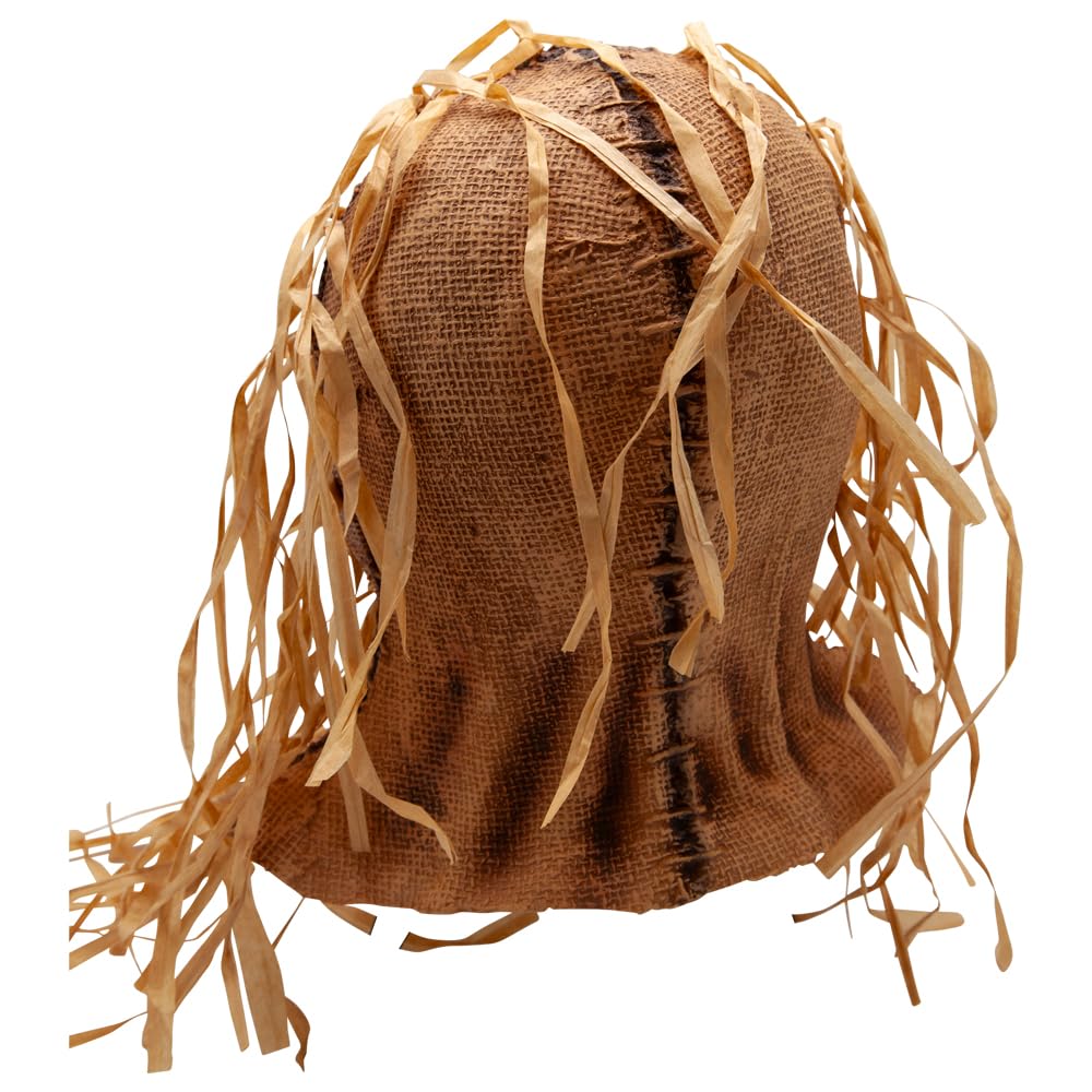 Back of a brown hessian effect scarecrow mask with raffia straw on a white background