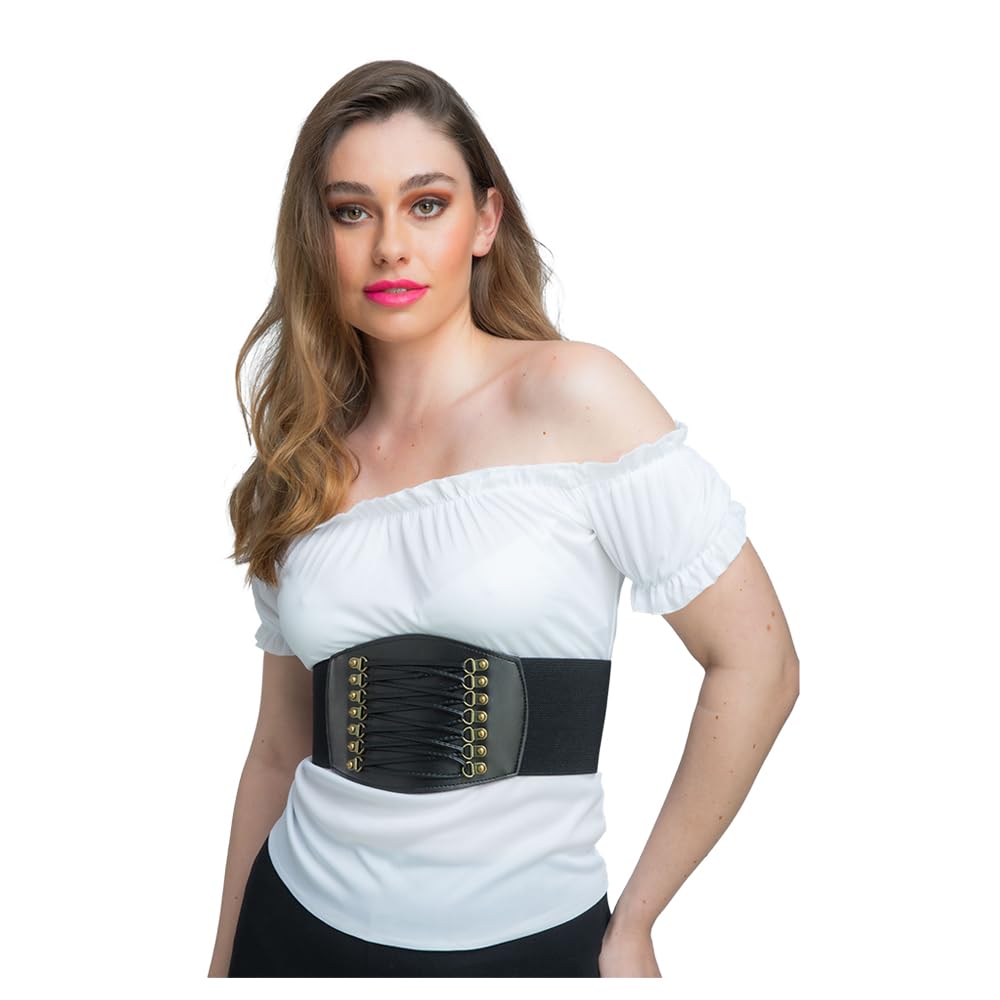 Woman wearing a white off-shoulder top and black waist corset on a white background