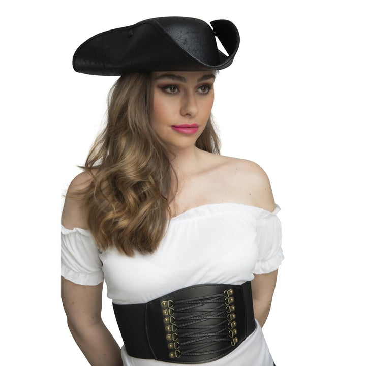 Woman wearing a pirate costume with a black tricorn hat and leather belt on a white background