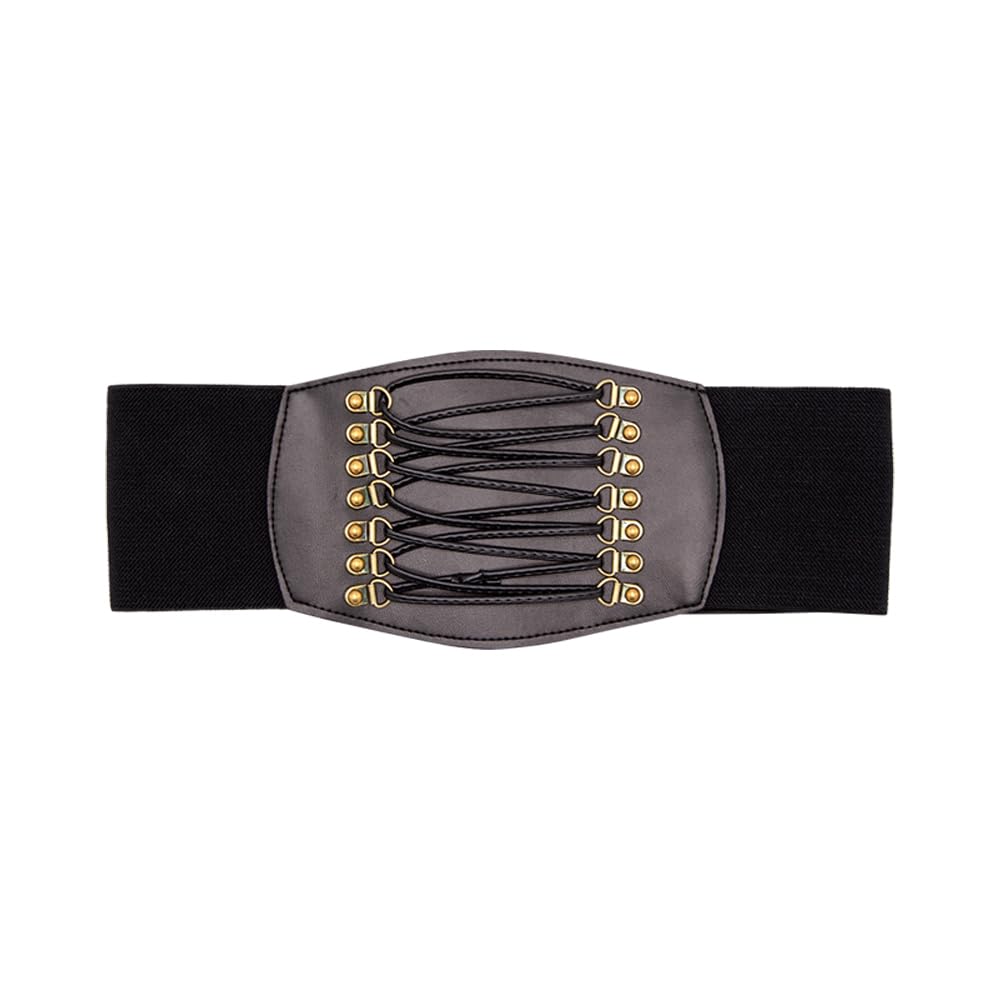 Black corset waist belt with gold hardware on a white background