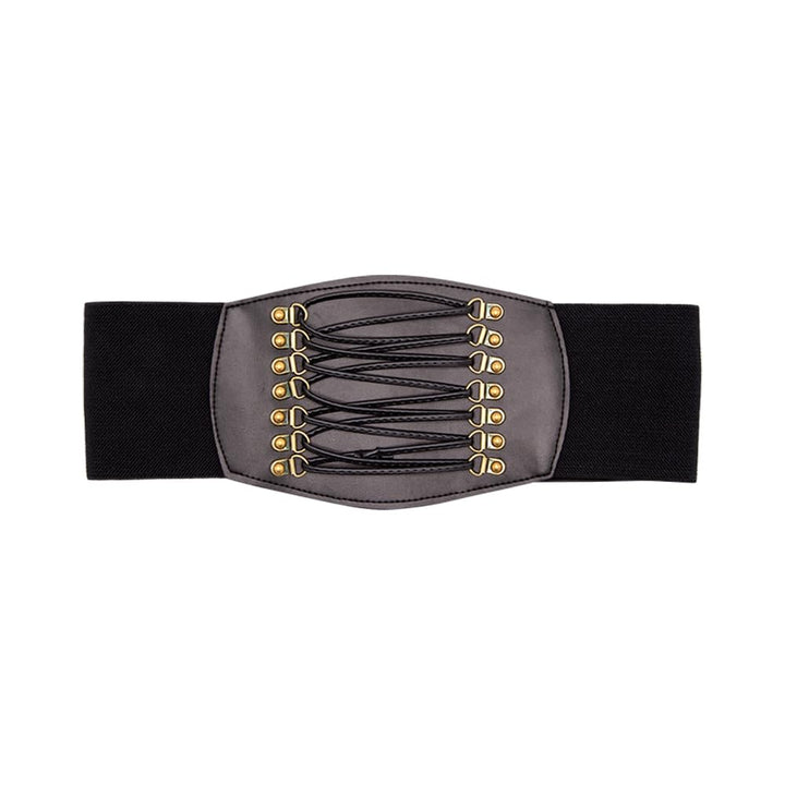 Black corset waist belt with gold hardware on a white background